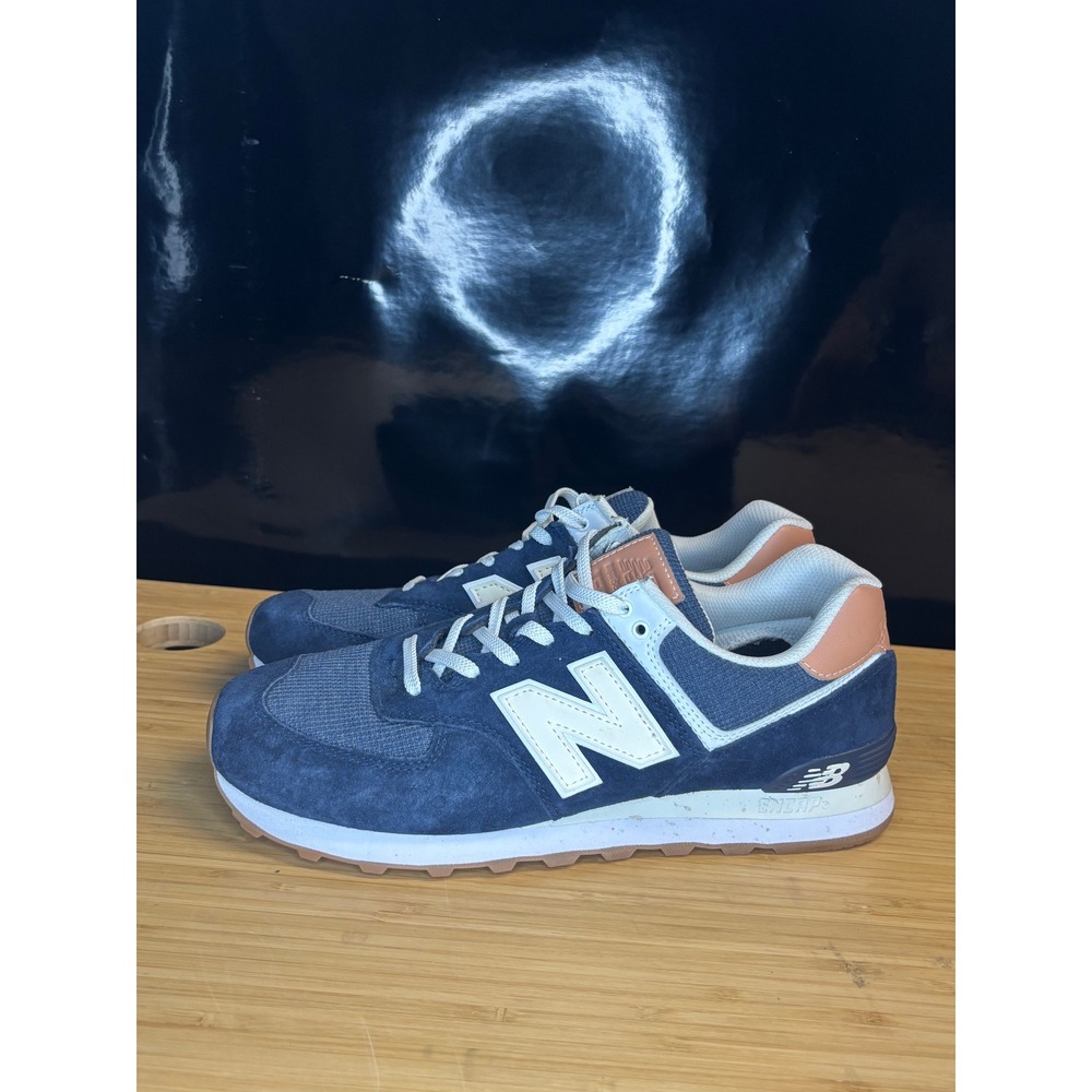 New Balance 574 Mens Navy Blue Tan Suede Mesh Sneakers ML574TYA Size 10